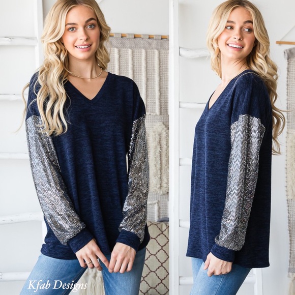 ❤️LAST! V Neck Midnight Blue Super Soft Sequin Sleeve Top! - Picture 10 of 16